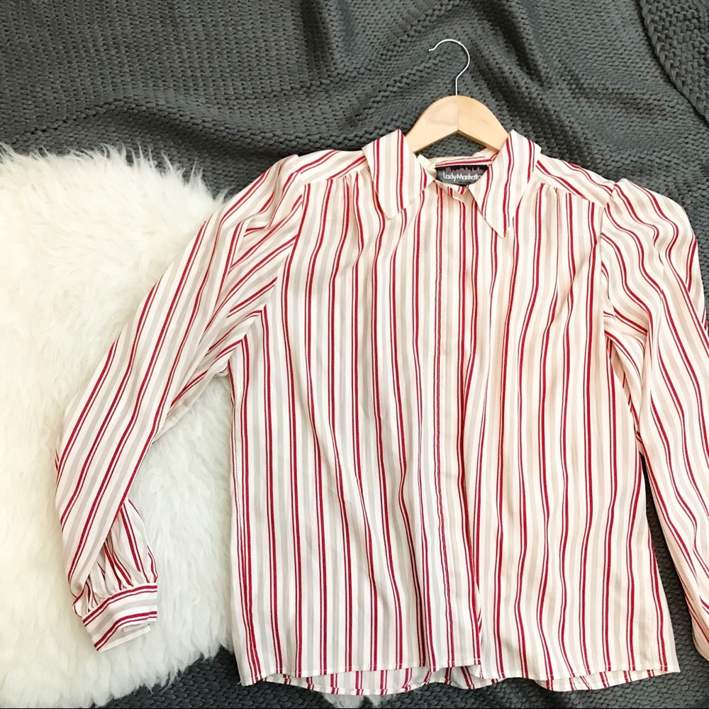 Vintage Red & Cream Striped Button Down Blouse